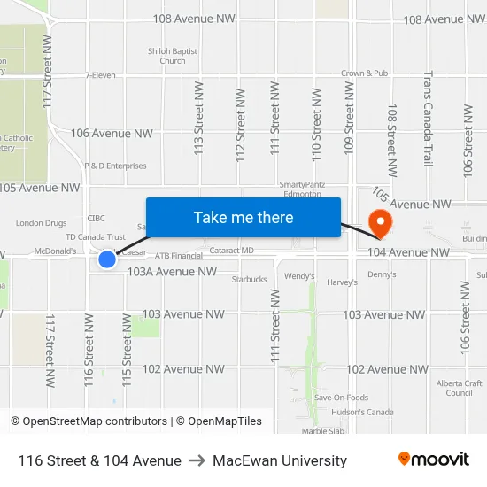 116 Street & 104 Avenue to MacEwan University map