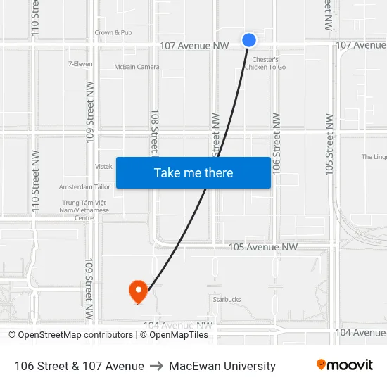 106 Street & 107 Avenue to MacEwan University map