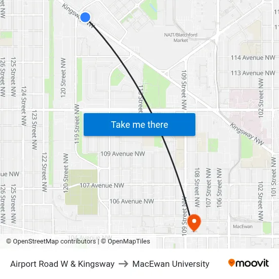 Airport Road W & Kingsway to MacEwan University map