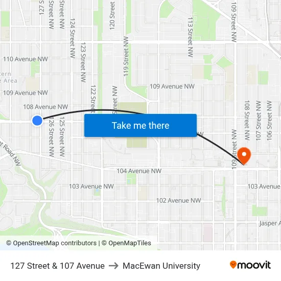 127 Street & 107 Avenue to MacEwan University map