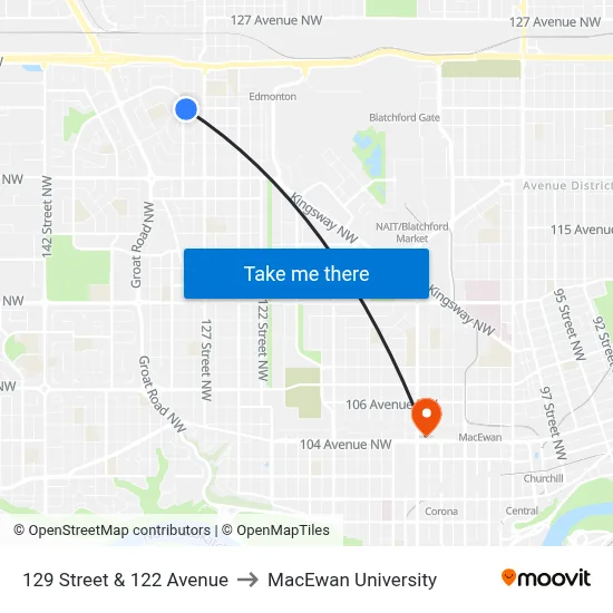 129 Street & 122 Avenue to MacEwan University map