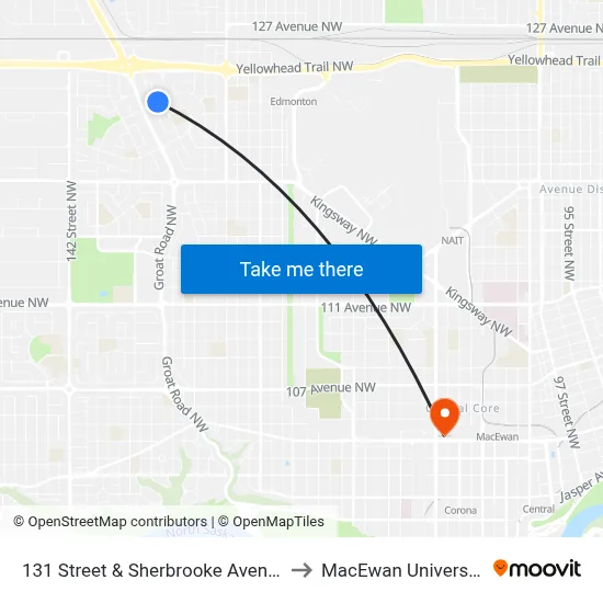 131 Street & Sherbrooke Avenue to MacEwan University map