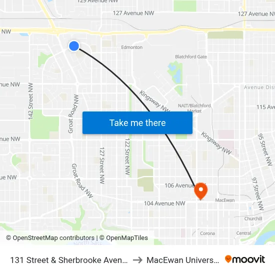 131 Street & Sherbrooke Avenue to MacEwan University map