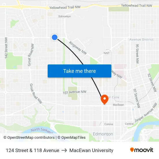 124 Street & 118 Avenue to MacEwan University map