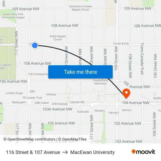 116 Street & 107 Avenue to MacEwan University map