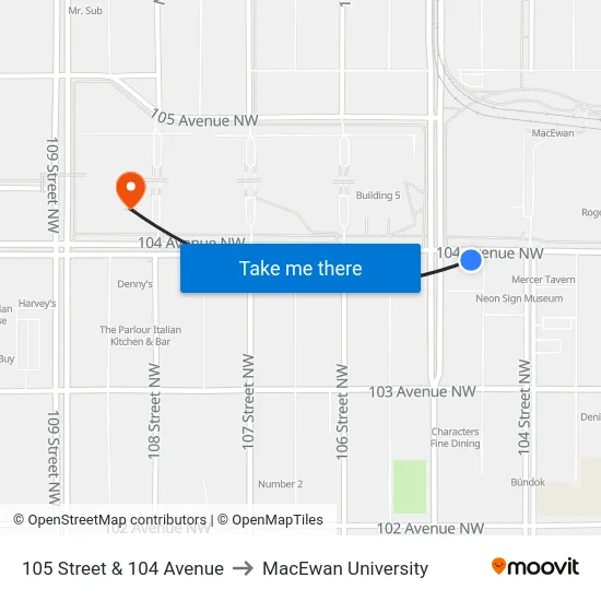 105 Street & 104 Avenue to MacEwan University map