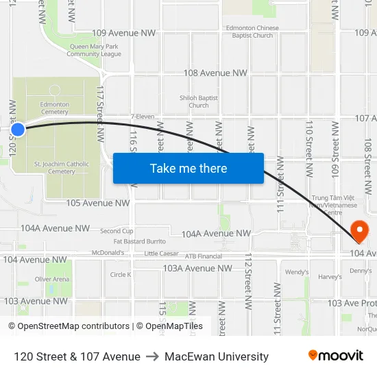 120 Street & 107 Avenue to MacEwan University map