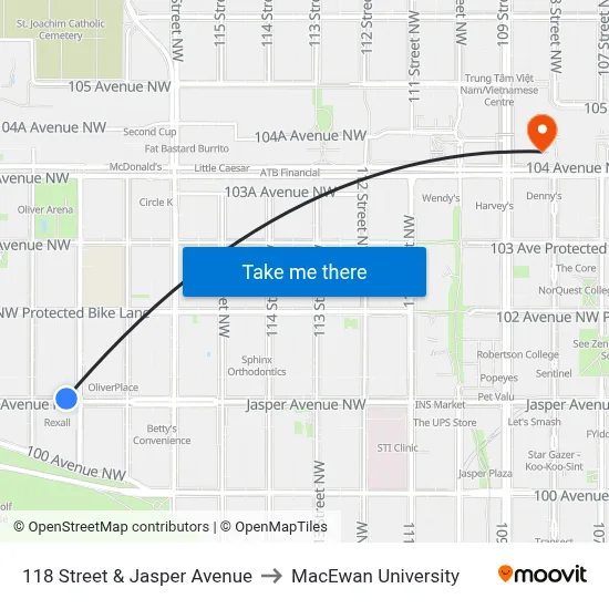 118 Street & Jasper Avenue to MacEwan University map