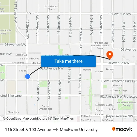 116 Street & 103 Avenue to MacEwan University map