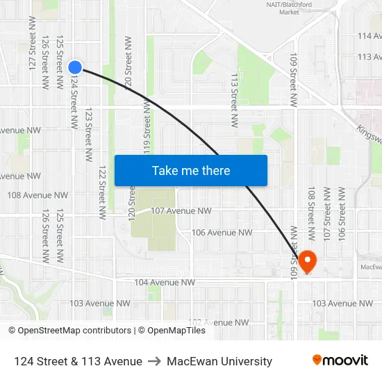 124 Street & 113 Avenue to MacEwan University map