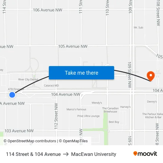 114 Street & 104 Avenue to MacEwan University map