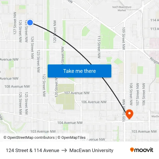 124 Street & 114 Avenue to MacEwan University map