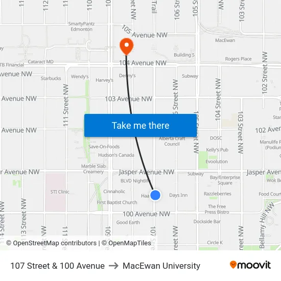 107 Street & 100 Avenue to MacEwan University map