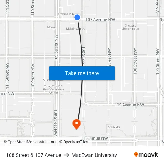 108 Street & 107 Avenue to MacEwan University map