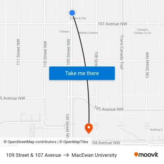 109 Street & 107 Avenue to MacEwan University map