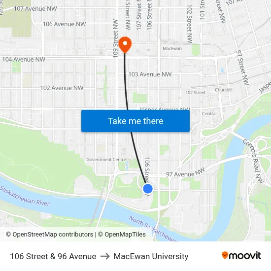 106 Street & 96 Avenue to MacEwan University map