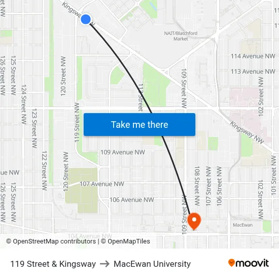 119 Street & Kingsway to MacEwan University map