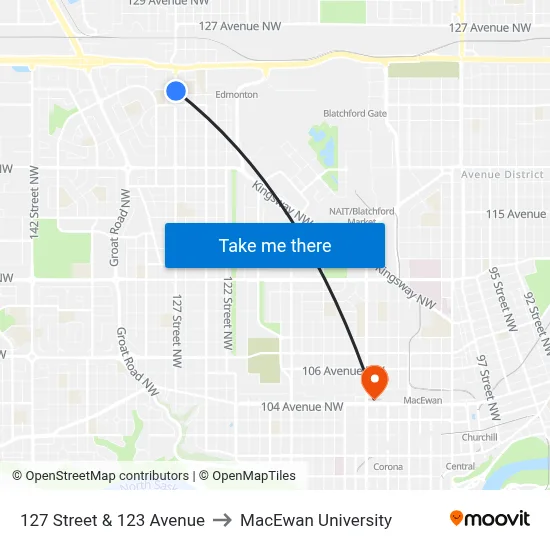 127 Street & 123 Avenue to MacEwan University map
