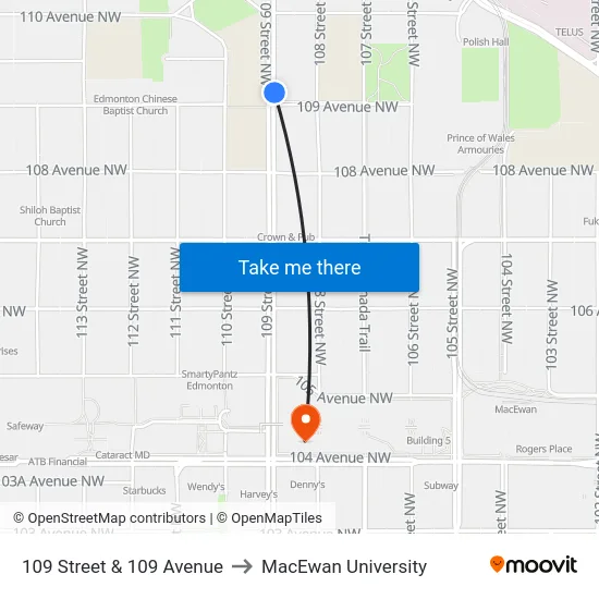 109 Street & 109 Avenue to MacEwan University map