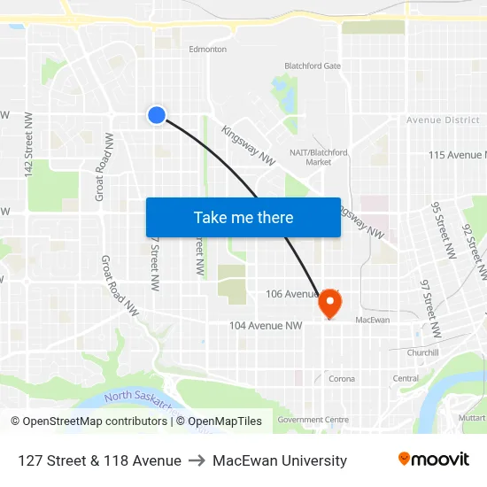 127 Street & 118 Avenue to MacEwan University map