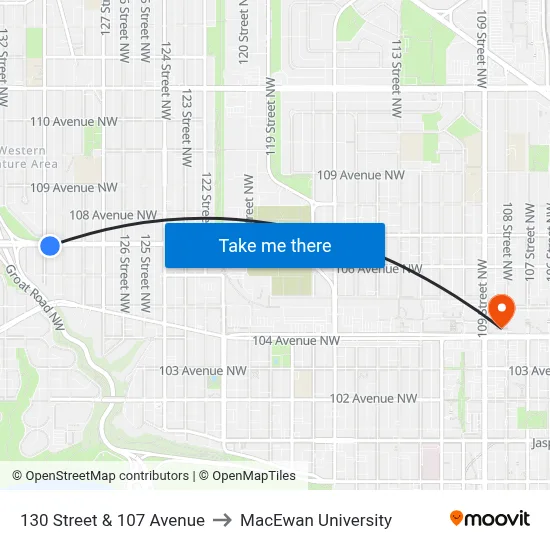 130 Street & 107 Avenue to MacEwan University map