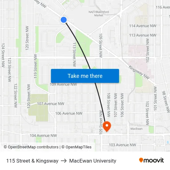 115 Street & Kingsway to MacEwan University map