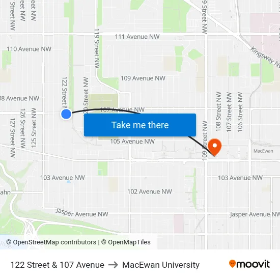 122 Street & 107 Avenue to MacEwan University map