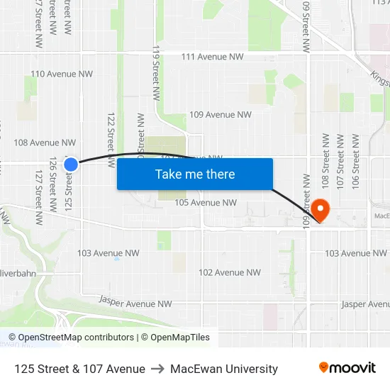 125 Street & 107 Avenue to MacEwan University map
