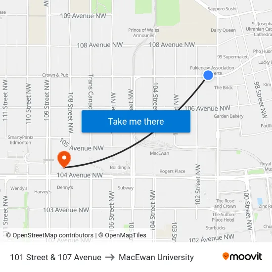 101 Street & 107 Avenue to MacEwan University map