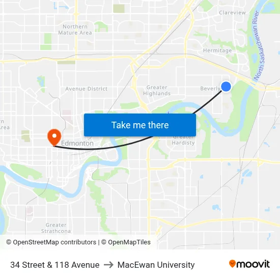 34 Street & 118 Avenue to MacEwan University map