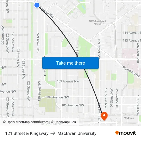 121 Street & Kingsway to MacEwan University map