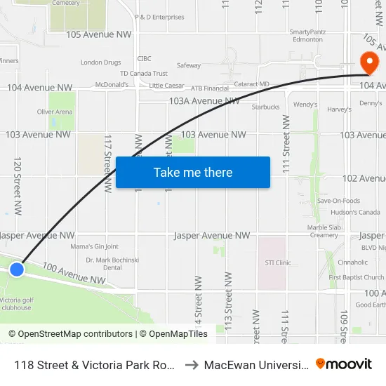 118 Street & Victoria Park Road to MacEwan University map