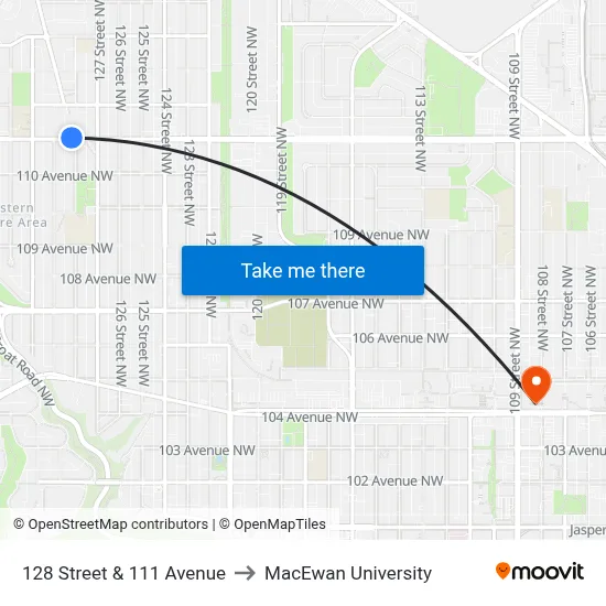 128 Street & 111 Avenue to MacEwan University map