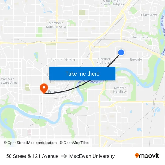 50 Street & 121 Avenue to MacEwan University map