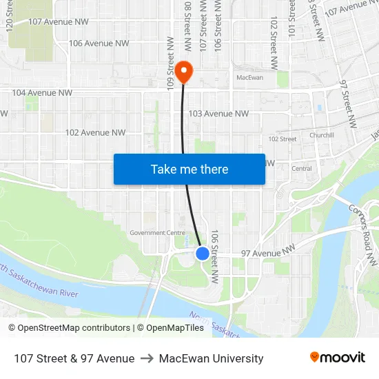 107 Street & 97 Avenue to MacEwan University map