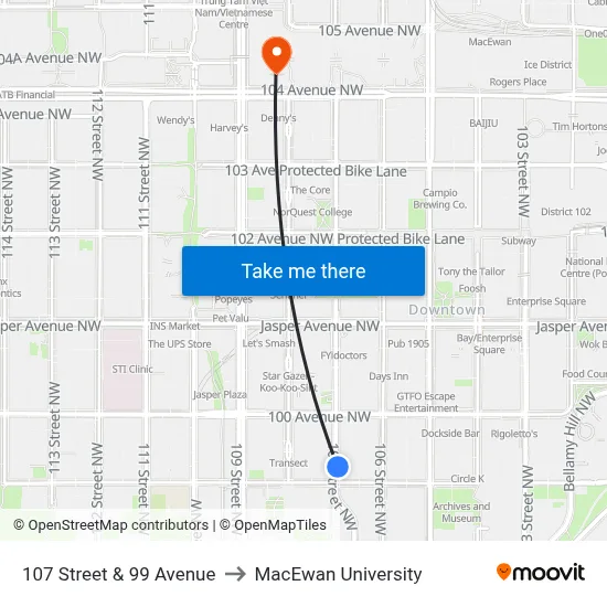 107 Street & 99 Avenue to MacEwan University map