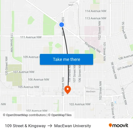 109 Street & Kingsway to MacEwan University map