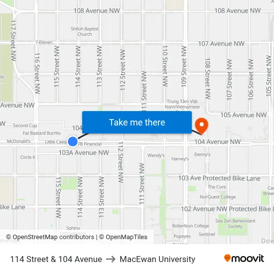 114 Street & 104 Avenue to MacEwan University map