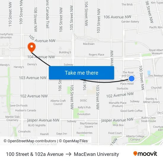 100 Street & 102a Avenue to MacEwan University map