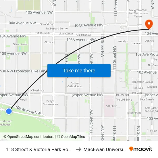118 Street & Victoria Park Road to MacEwan University map