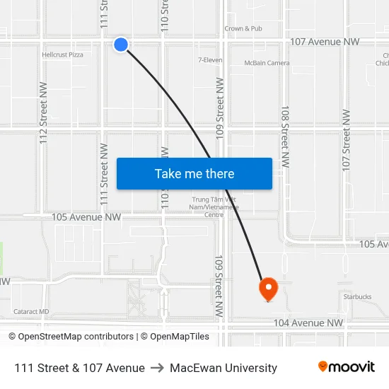 111 Street & 107 Avenue to MacEwan University map