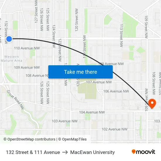 132 Street & 111 Avenue to MacEwan University map
