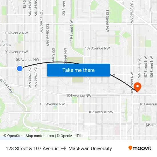 128 Street & 107 Avenue to MacEwan University map