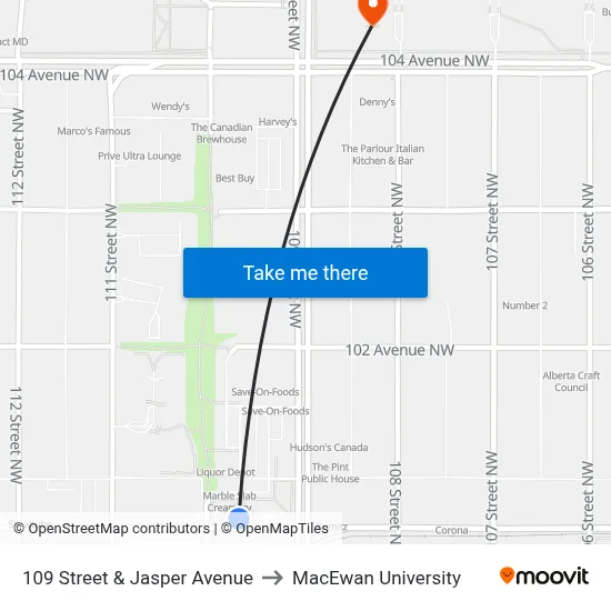 109 Street & Jasper Avenue to MacEwan University map