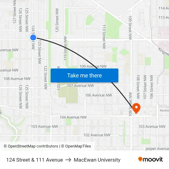 124 Street & 111 Avenue to MacEwan University map