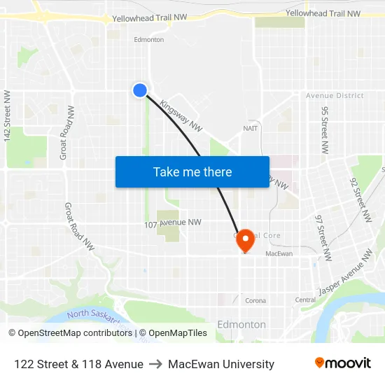 122 Street & 118 Avenue to MacEwan University map