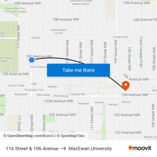 116 Street & 106 Avenue to MacEwan University map