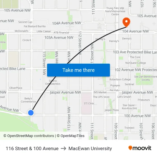 116 Street & 100 Avenue to MacEwan University map