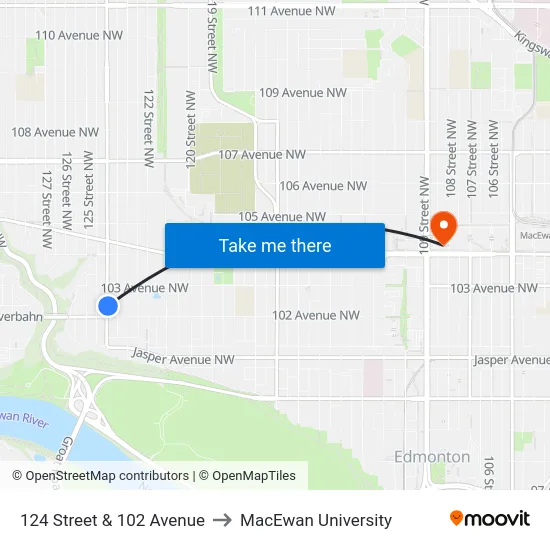 124 Street & 102 Avenue to MacEwan University map