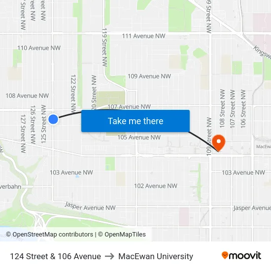 124 Street & 106 Avenue to MacEwan University map